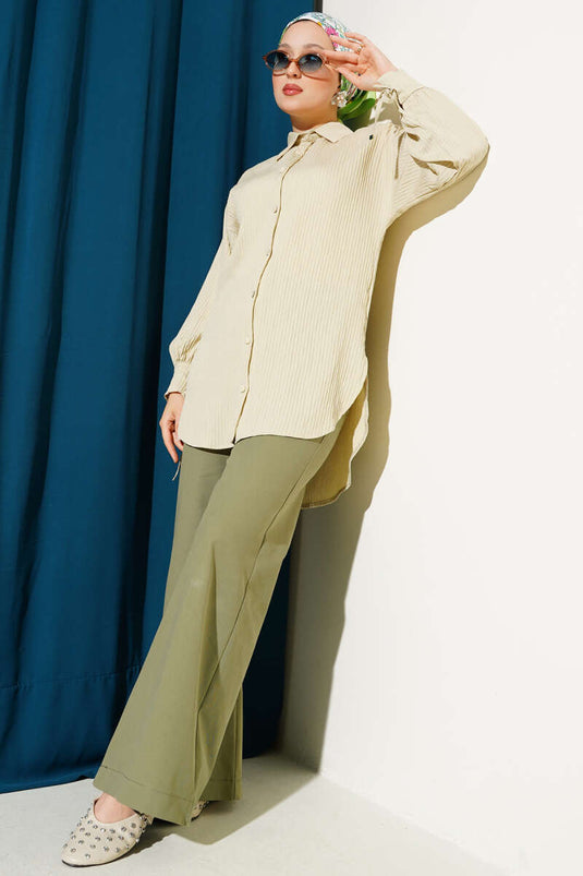 قميص مخطط منقوش بطول الكاحل باللون البيج