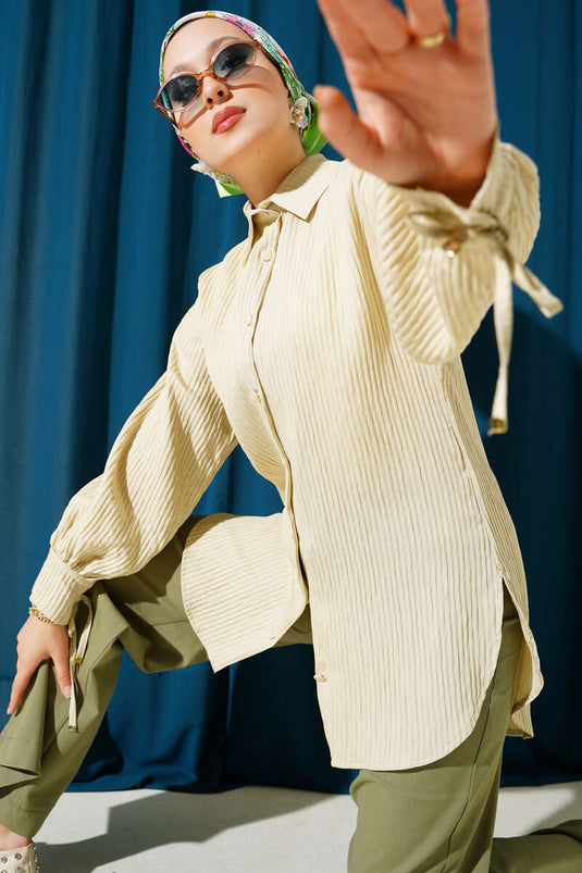 قميص مخطط منقوش بطول الكاحل باللون البيج