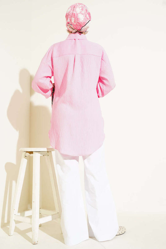 Embossed Striped Wrist String Shirt Pink