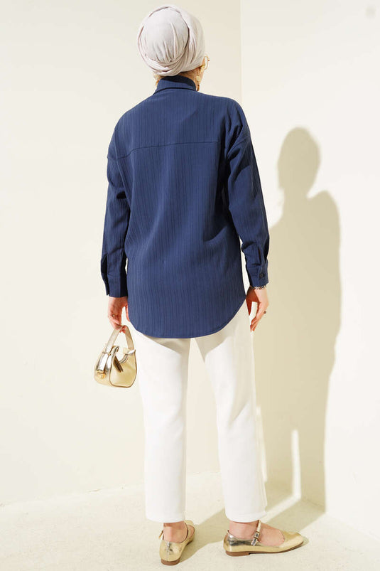 Embossed Striped Chest Pocket Shirt Navy Blue