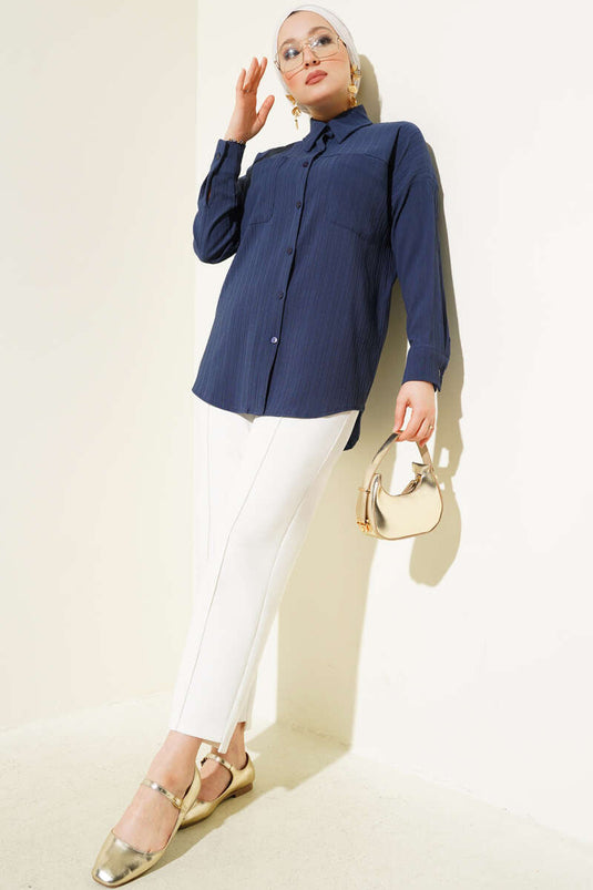 Embossed Striped Chest Pocket Shirt Navy Blue