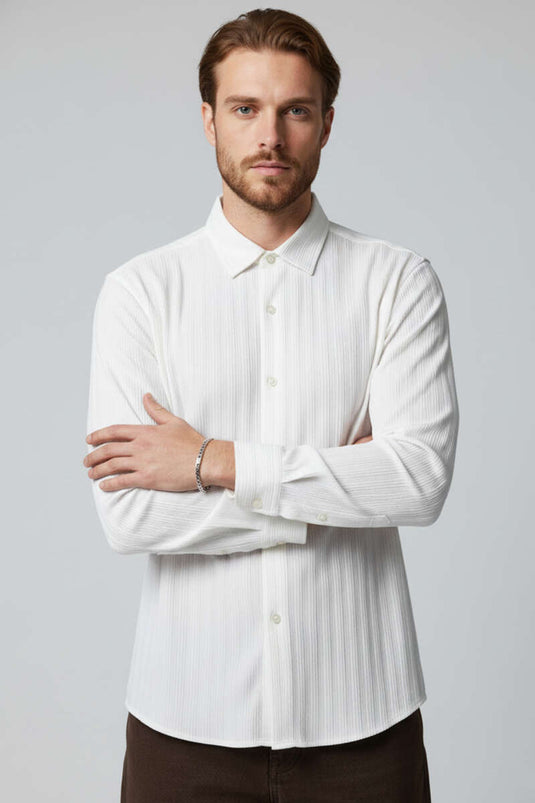 Chemise jacquard rayée en relief pour homme, écru