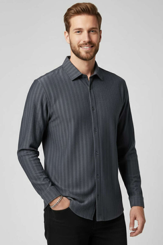 Chemise homme jacquard rayée en relief gris fumée