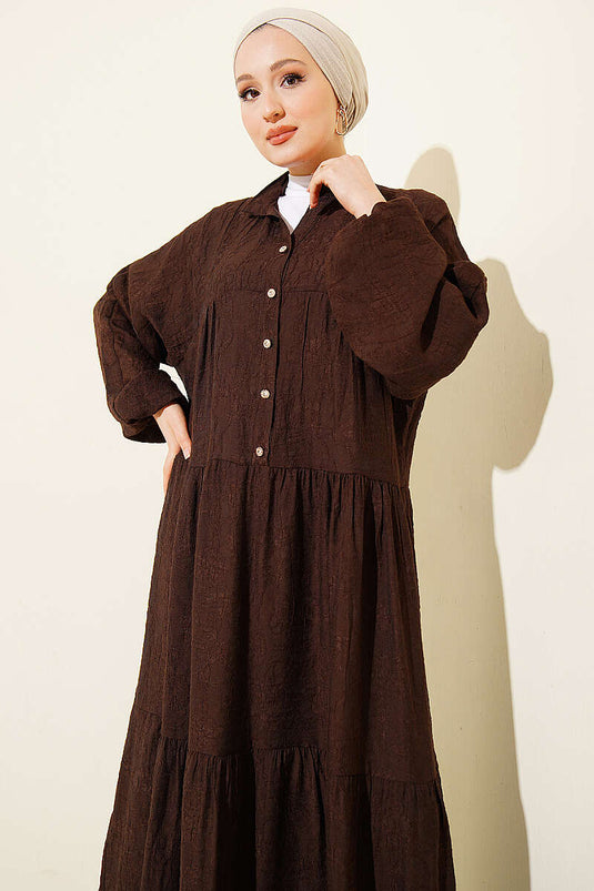 Embossed Pattern Buttoned Layered Dress Bitter Coffee