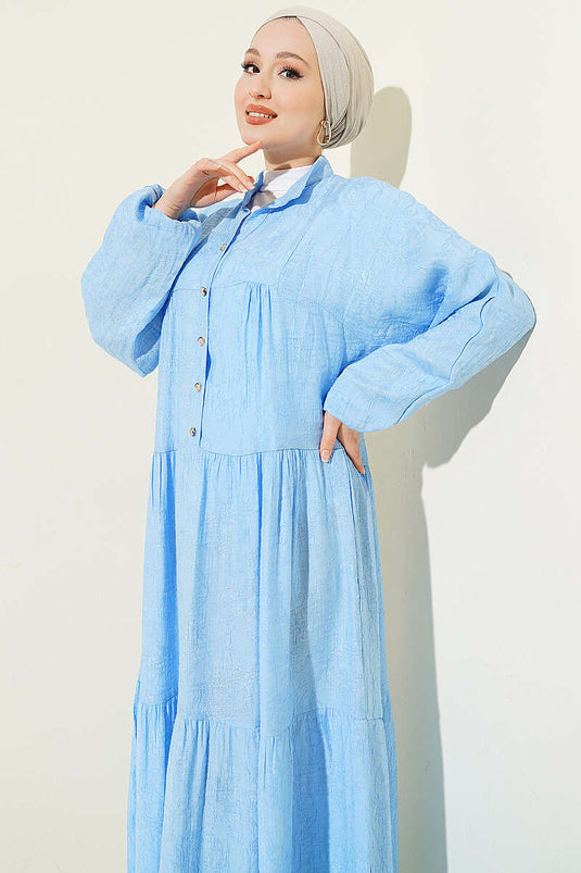 Embossed Pattern Buttoned Layered Dress Baby Blue