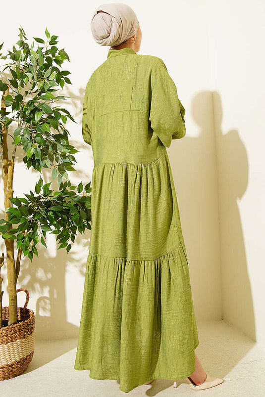 Embossed Pattern Buttoned Layered Dress in Pistachio Green