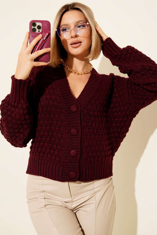 Embossed Pattern Buttoned Short Knit Cardigan, Burgundy