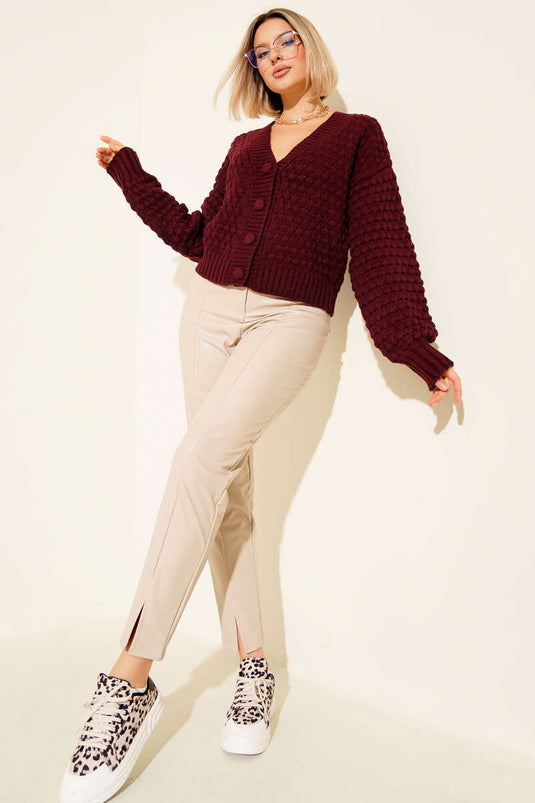 Embossed Pattern Buttoned Short Knit Cardigan, Burgundy