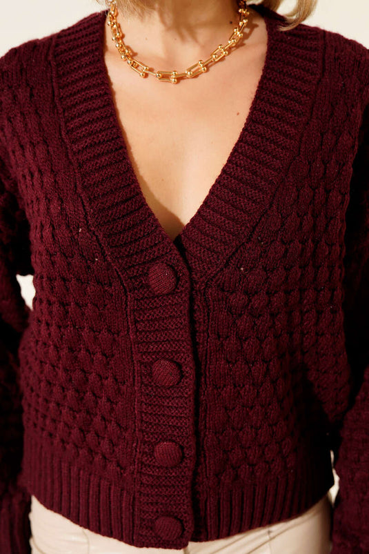 Embossed Pattern Buttoned Short Knit Cardigan, Burgundy