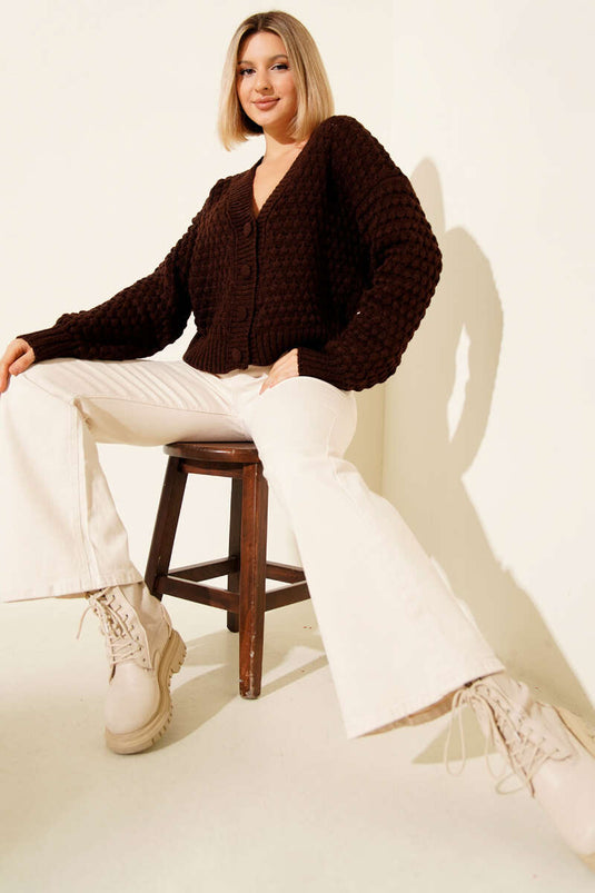 Embossed Pattern Buttoned Short Knit Cardigan, Brown