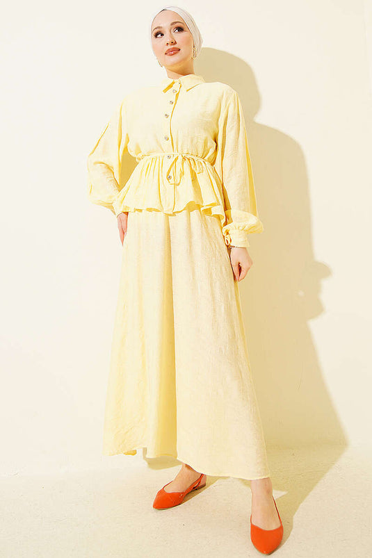 Embossed Pattern Rope Belt Skirt Set Yellow
