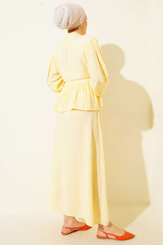 Embossed Pattern Rope Belt Skirt Set Yellow