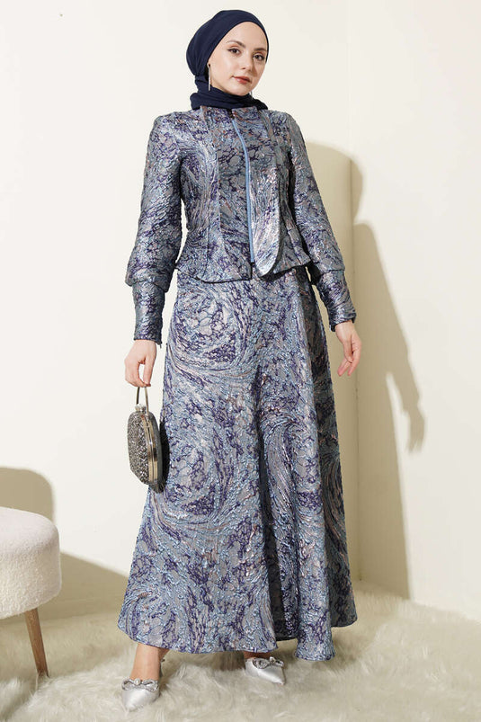 Embossed Pattern Jacquard Skirt Set Navy Blue