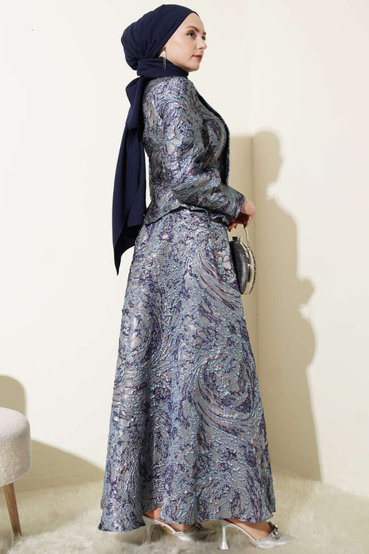 Embossed Pattern Jacquard Skirt Set Navy Blue