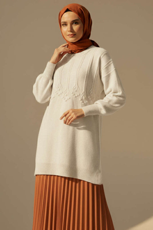 Tunique en maille douce à motif en relief couleur pierre