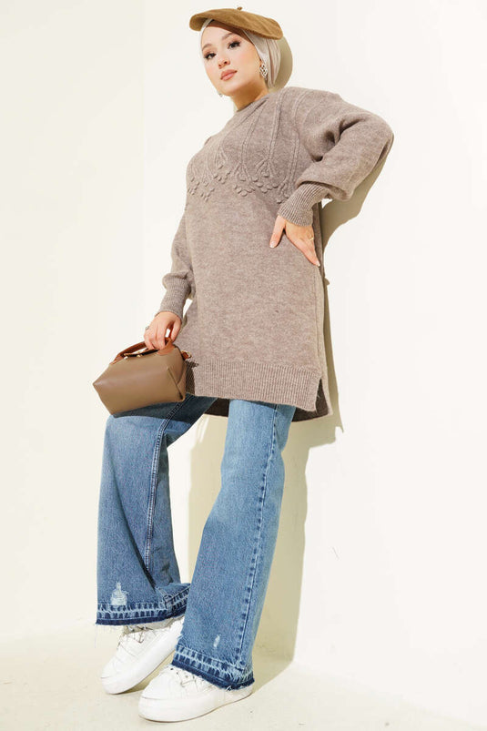 تونيك ناعم محبوك بنقش بارز، لون المنك