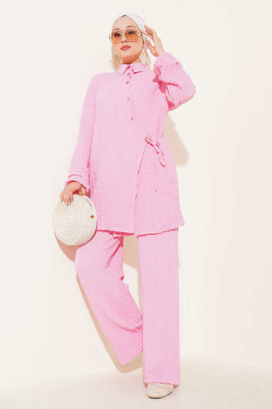Embossed Patterned Two Piece Suit Pink