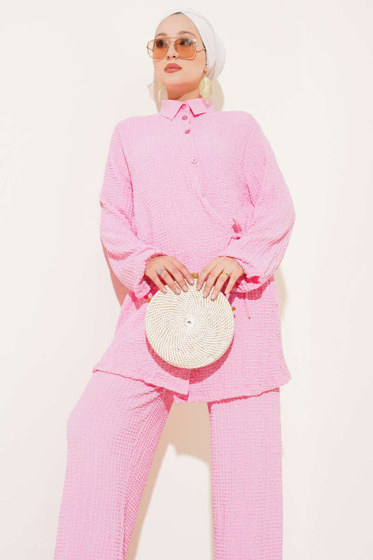 Embossed Patterned Two Piece Suit Pink