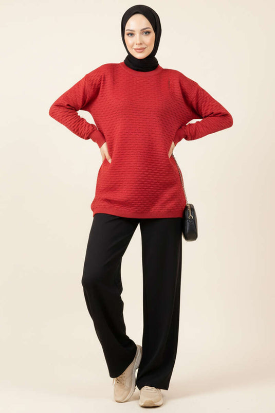 Embossed Patterned Knit Tunic Red