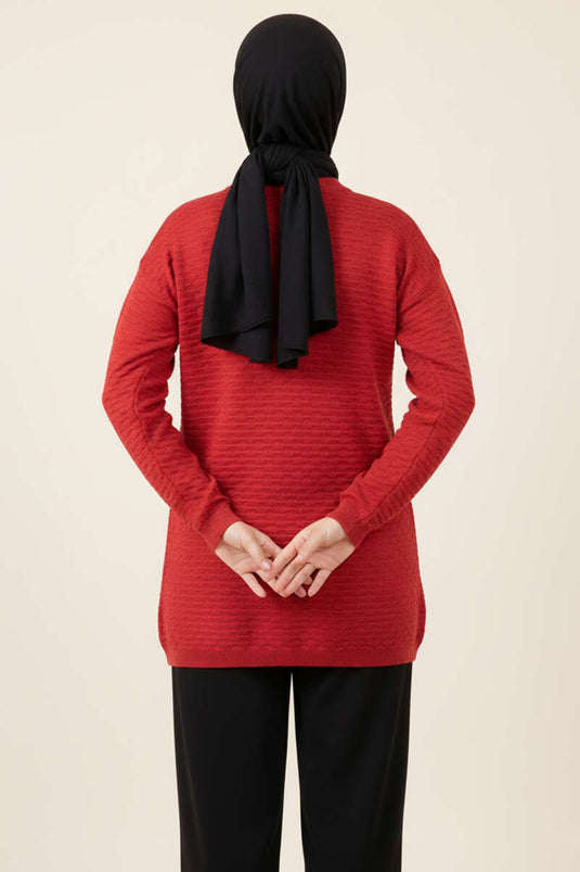 Embossed Patterned Knit Tunic Red