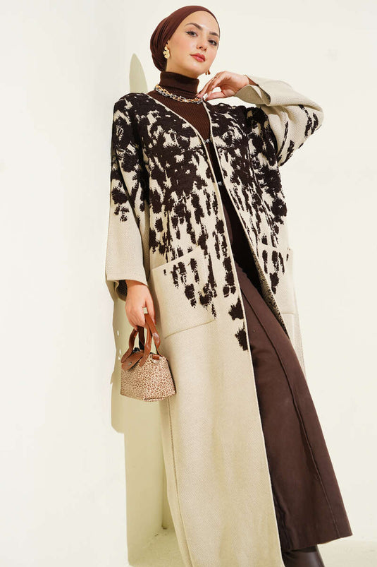 Kabartma Desenli Triko Uzun Hırka Acı Kahve