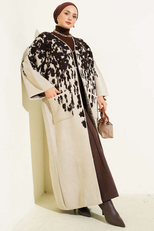 Kabartma Desenli Triko Uzun Hırka Acı Kahve