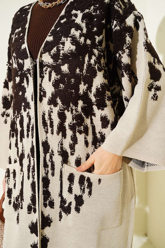 Kabartma Desenli Triko Uzun Hırka Acı Kahve