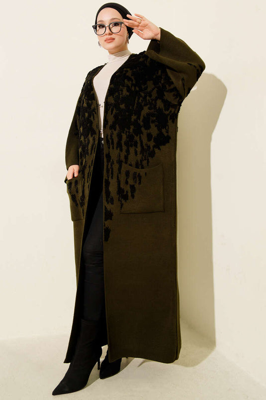 Embossed Patterned Knitwear Long Cardigan Khaki
