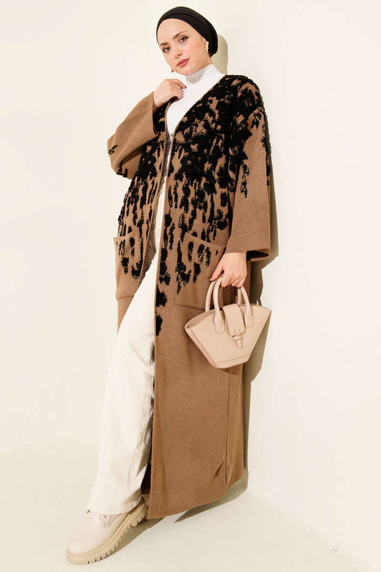 Embossed Pattern Knitted Long Cardigan Black