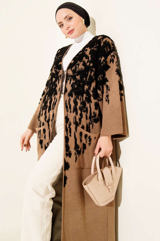 Embossed Pattern Knitted Long Cardigan Black