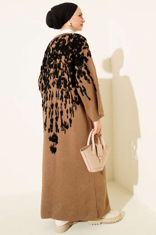 Embossed Pattern Knitted Long Cardigan Black