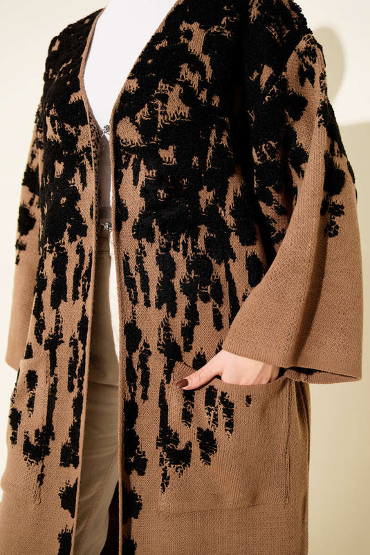 Embossed Pattern Knitted Long Cardigan Black