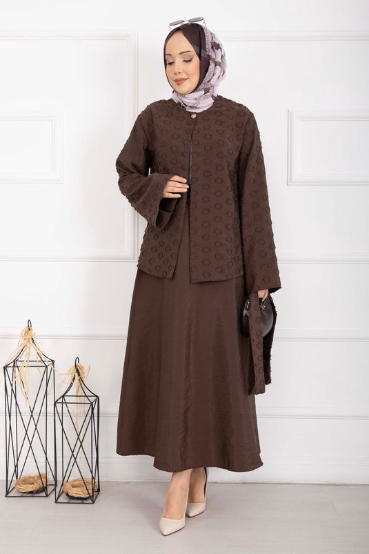 Embossed Textured Belted Skirt Set Brown