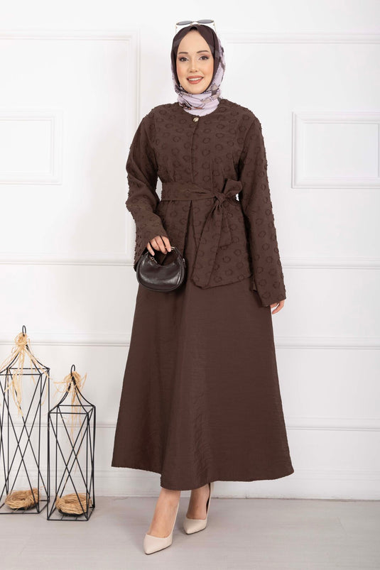 Embossed Textured Belted Skirt Set Brown