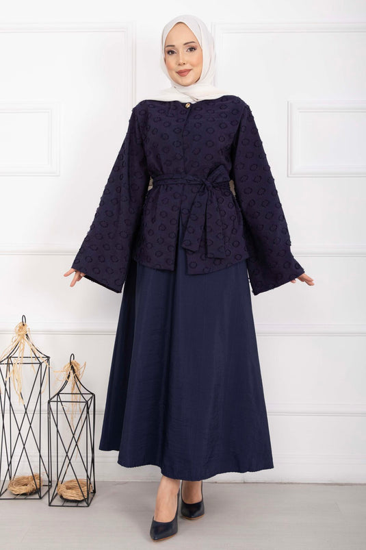 Embossed Textured Belted Skirt Set Navy Blue