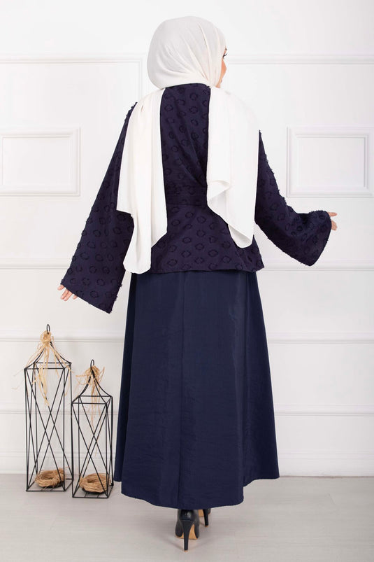 Embossed Textured Belted Skirt Set Navy Blue