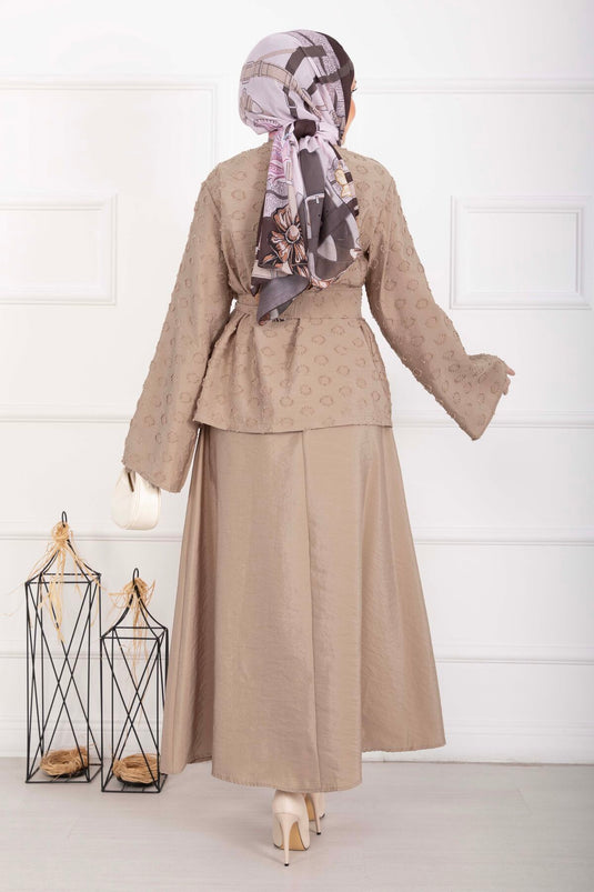 Embossed Textured Belted Skirt Set Mink