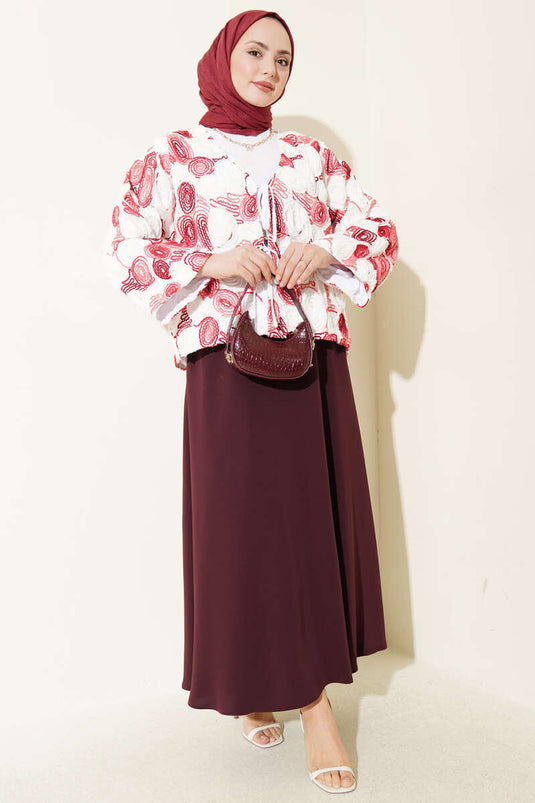 Embossed Embroidered Drawstring Kimono Burgundy