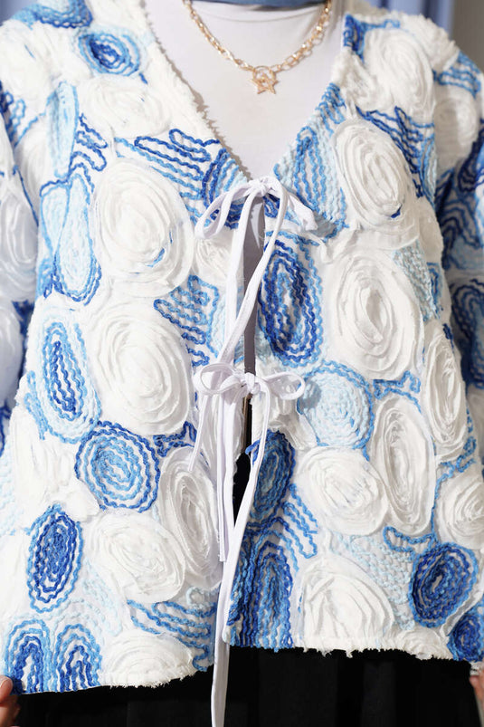 Kabartma Nakışlı Bağcıklı Kimono Mavi