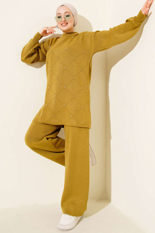 Kabartma Şeritli Taşlı Triko İkili Takım Yağ Yeşili