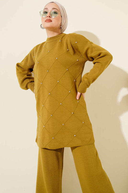 Kabartma Şeritli Taşlı Triko İkili Takım Yağ Yeşili