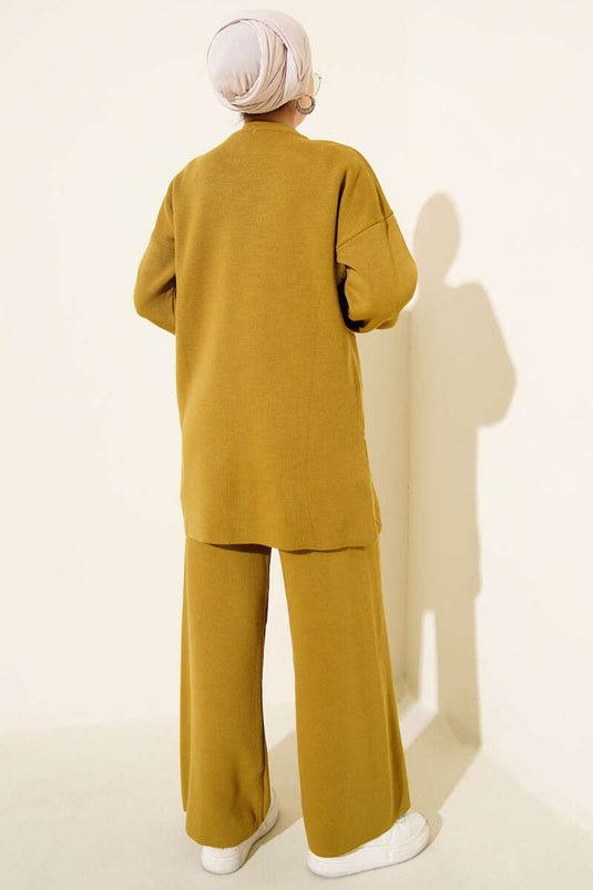 Kabartma Şeritli Taşlı Triko İkili Takım Yağ Yeşili