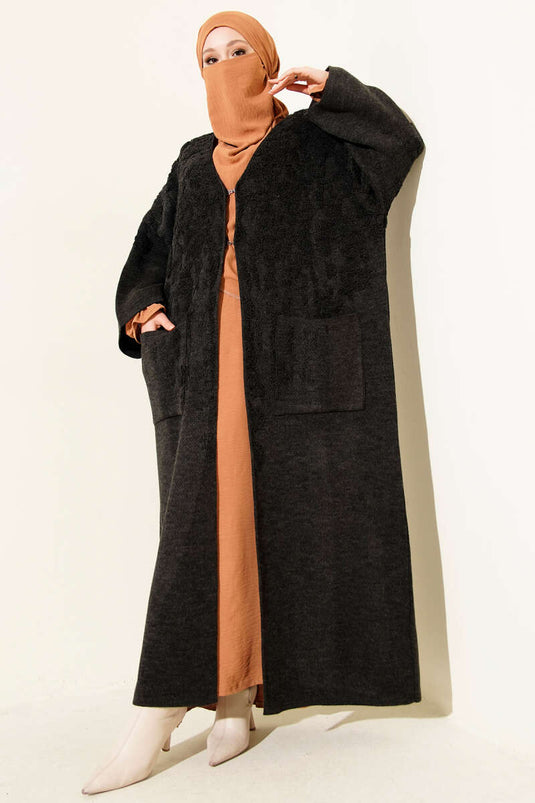 كارديغان محبوك طويل بجيب بارز أنثراسيت