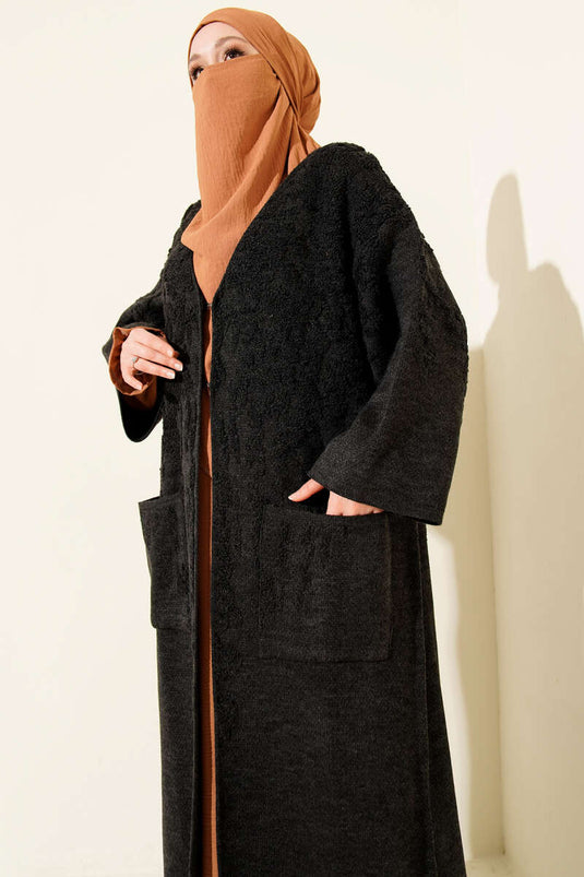 كارديغان محبوك طويل بجيب بارز أنثراسيت