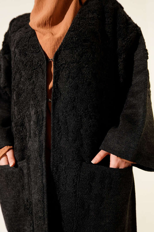 كارديغان محبوك طويل بجيب بارز أنثراسيت