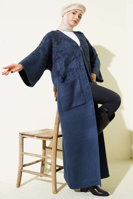 كارديجان طويل محبوك بجيوب منقوشة، لون نيلي