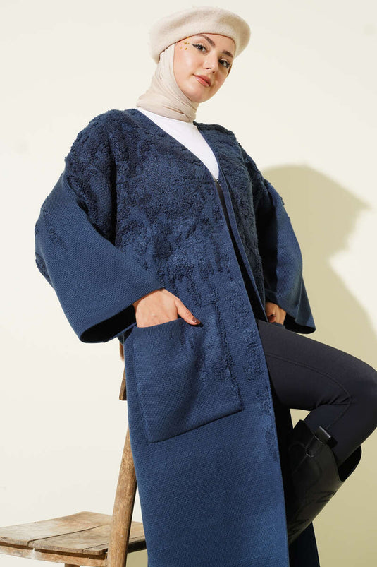 كارديجان طويل محبوك بجيوب منقوشة، لون نيلي