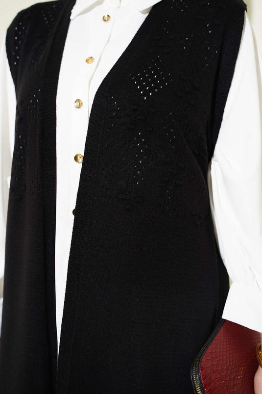 Gilet Lungo in Maglia con Rilievo Nero