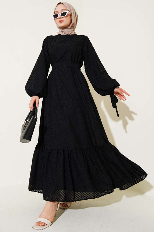 Embossed Ruffled Belted Dress, Black