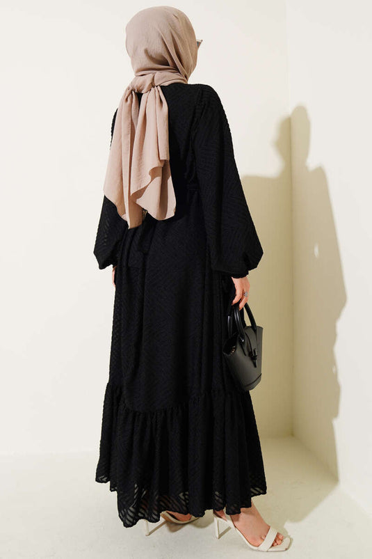 Embossed Ruffled Belted Dress, Black